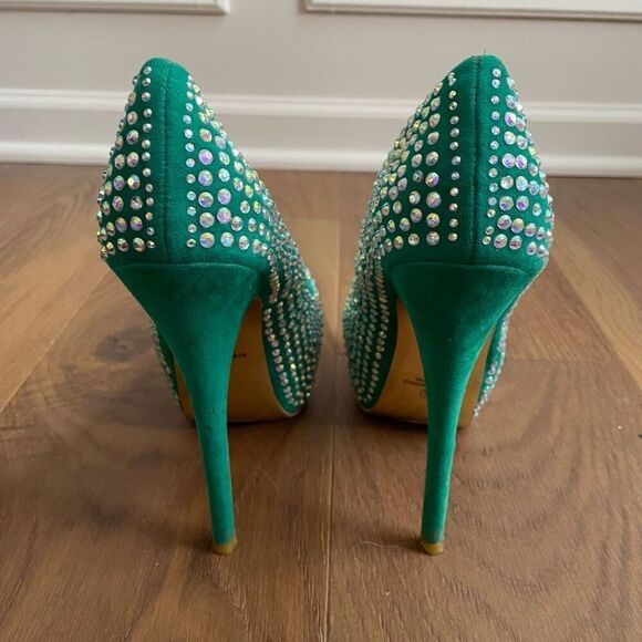 Alba Green Iridescent Rhinestone Bling Stiletto Platform Pleaser Heels 7.5 - Picture 5 of 10